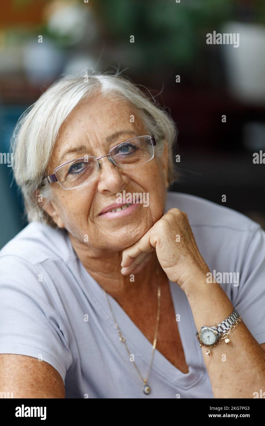 Portrait of beautiful senior woman with white hair Stock Photo