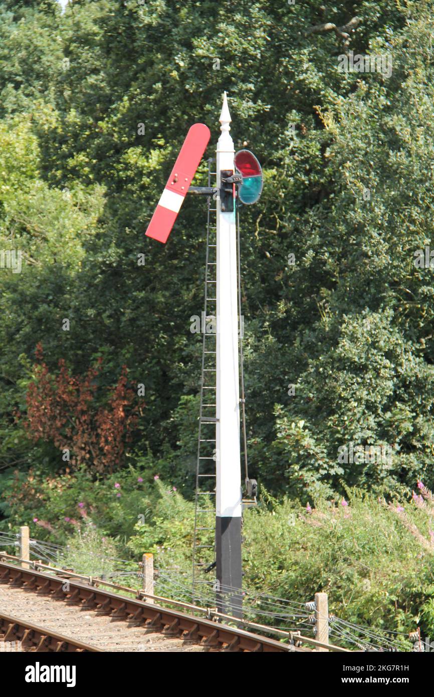 A Vintage Railway Train Signal on a Stand with a Ladder. Stock Photo