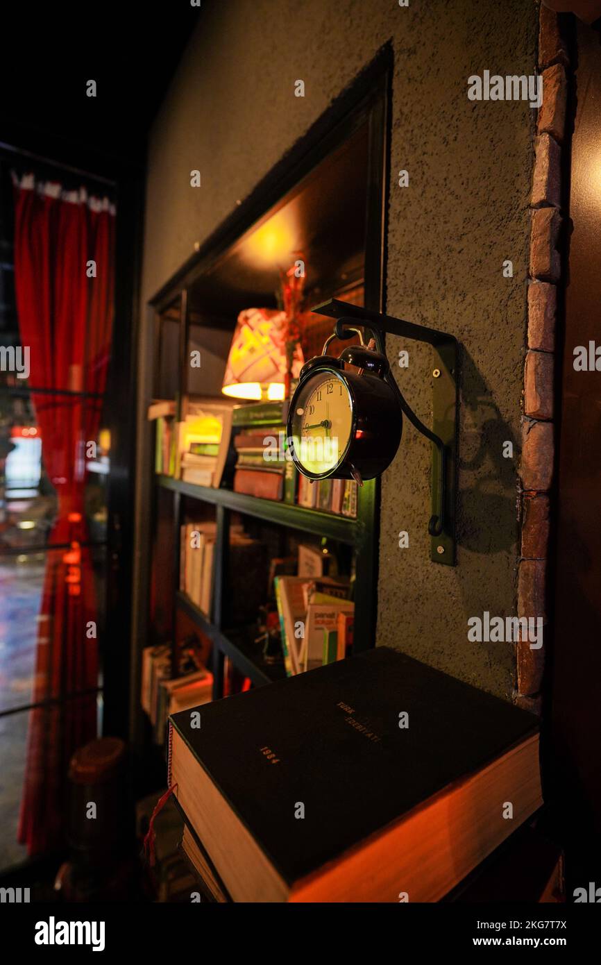 Restaurant interior and ornamental clock Stock Photo Alamy