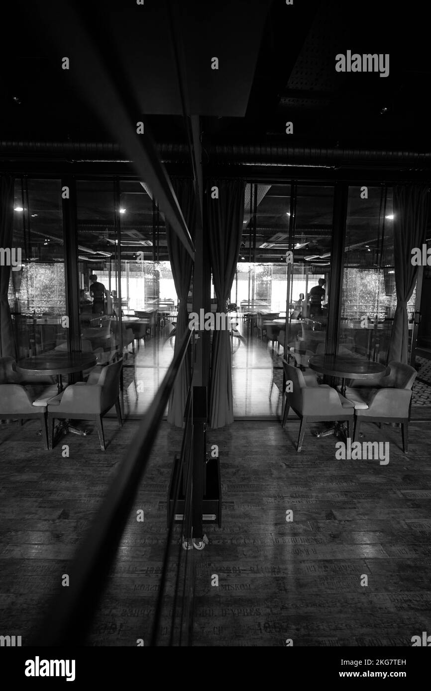 Wooden interior modern restaurant Black and White Stock Photos & Images ...