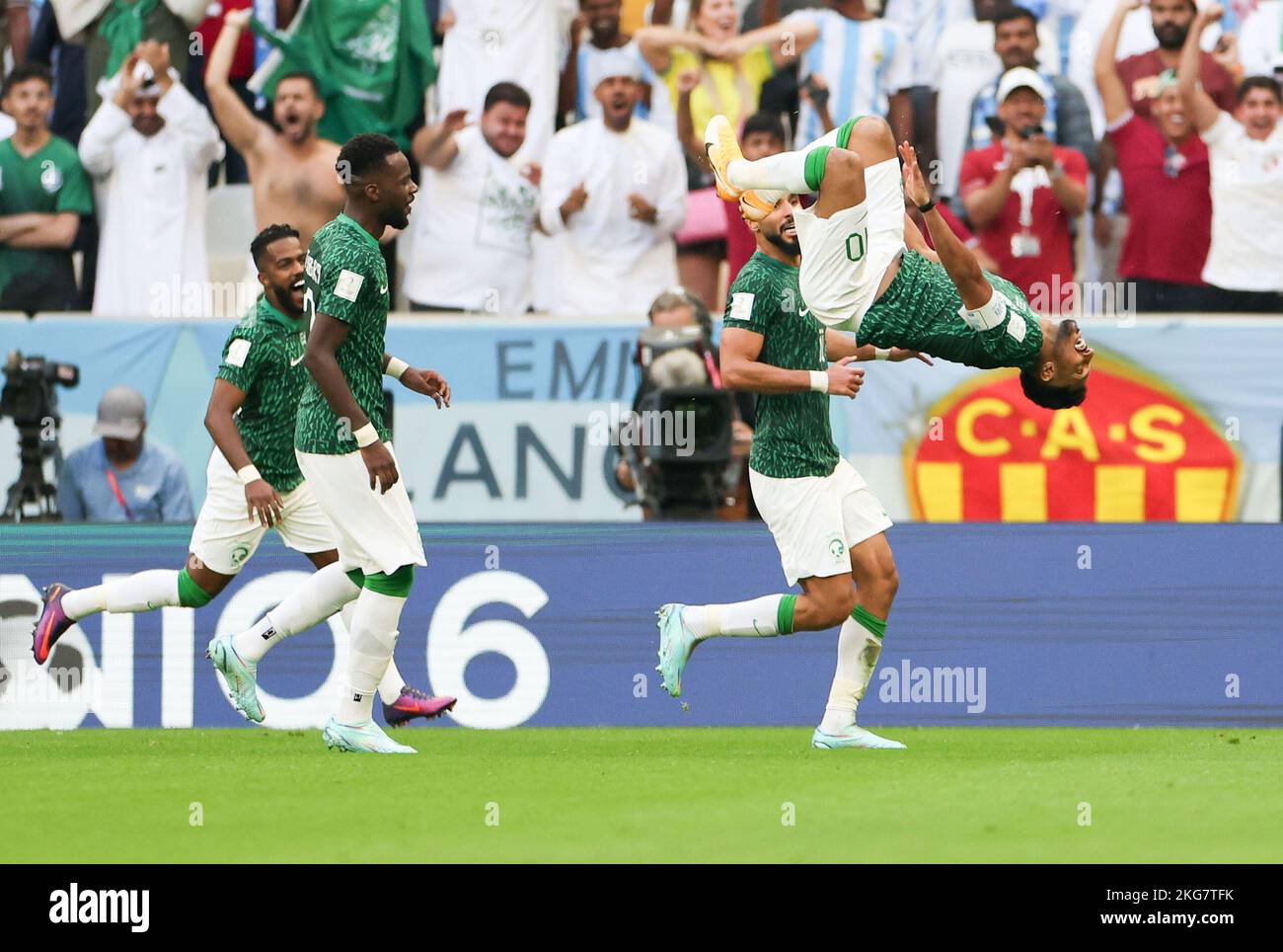 Lusail, Qatar. 22nd Nov, 2022. Salem Aldawsari (1st R) of Saudi Arabia celebrates after scoring during the Group C match between Argentina and Saudi Arabia at the 2022 FIFA World Cup at Lusail Stadium in Lusail, Qatar, Nov. 22, 2022. Credit: Cao Can/Xinhua/Alamy Live News Stock Photo