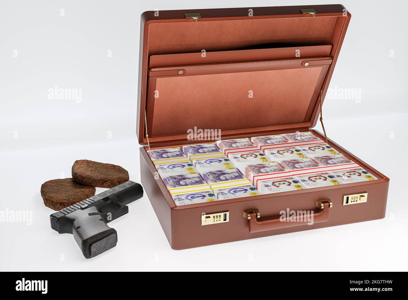 concept of hashish drug dealing dealers drugs money gun guns dirty money laundering briefcase full of UK money banknotes Stock Photo