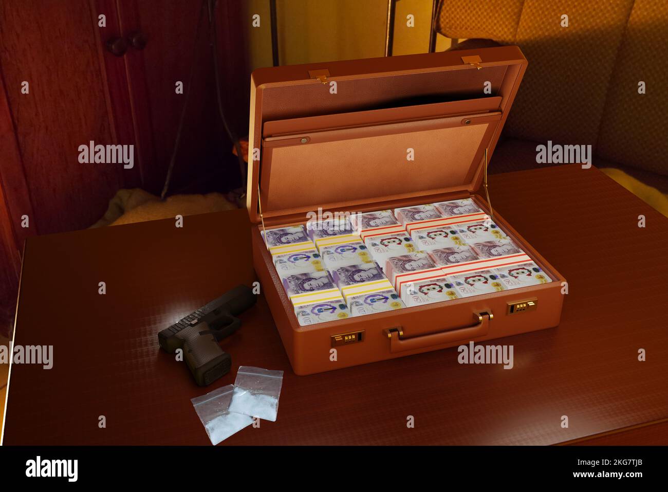 concept of cocaine drug dealing dealers drugs money gun guns dirty money laundering briefcase full of UK money banknotes Stock Photo