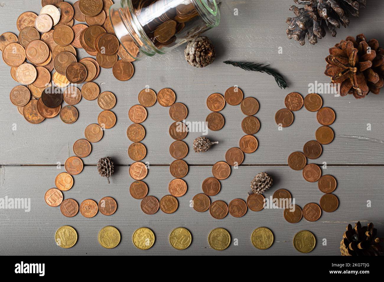 Top view of coins forming the number 2023, happy new year with coins Stock Photo