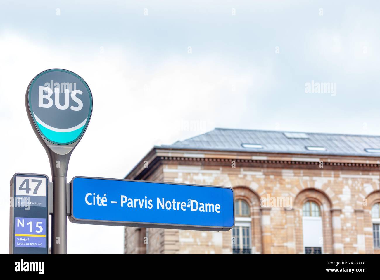 Parvis Notre Dame Bus Station . Street Road Sign in Paris Stock Photo