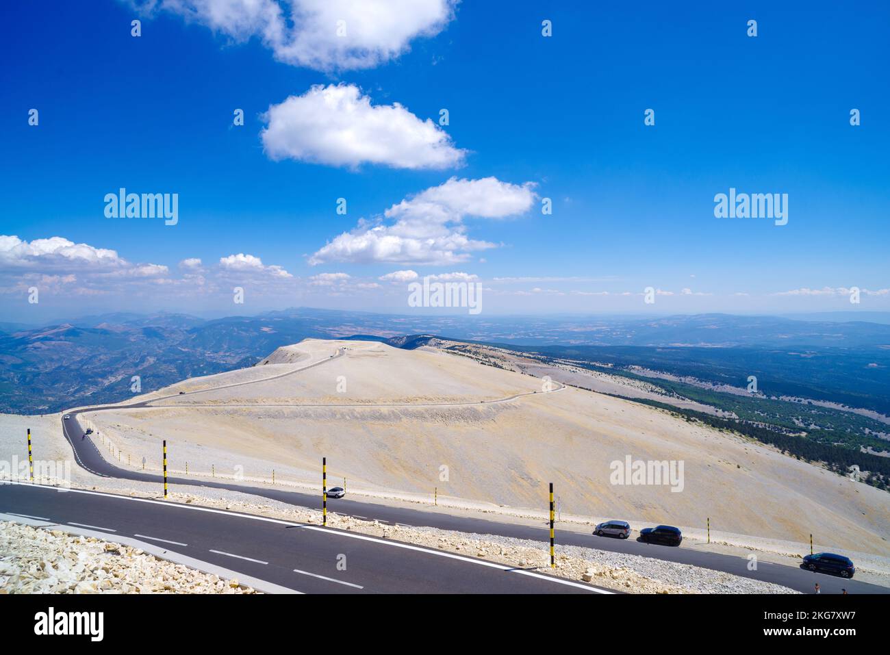 stunning view on top of Mont Ventoux. At 1,909 m (6,263 ft), it is the highest mountain in the region and has been nicknamed the 'Beast of Provence'. Stock Photo