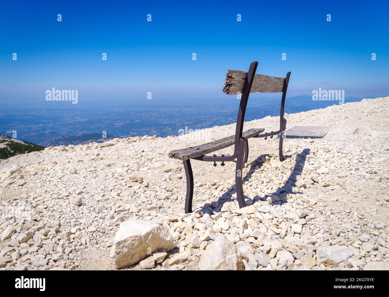 Bench Region Old weathered bench on top of Mont Ventoux, France. At 1,909 m (6,263 ...