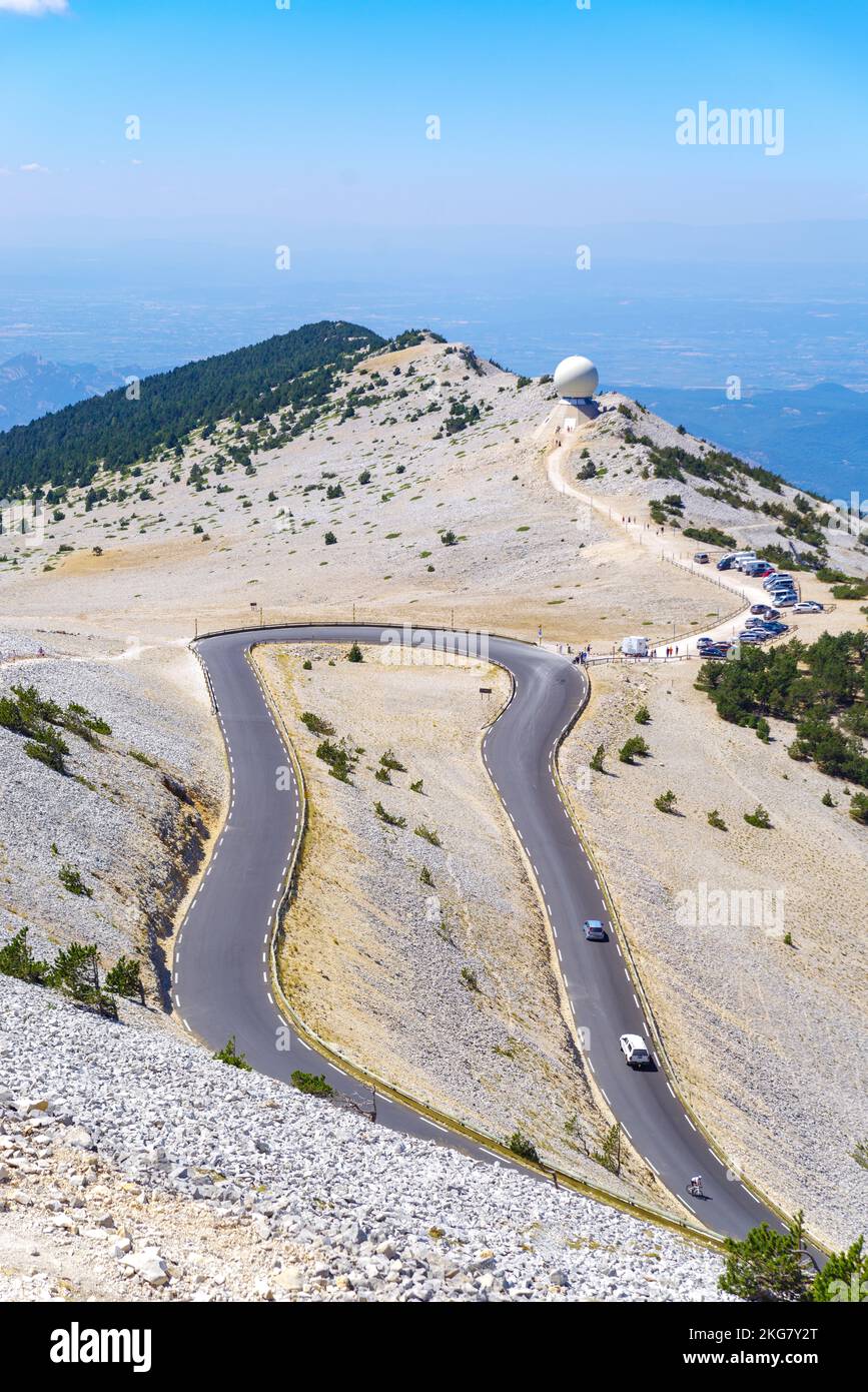 Hairpin bend on Mont Ventoux, France. At 1,909 m (6,263 ft), it is the highest mountain in the region and has been nicknamed the 'Beast of Provence'. Stock Photo