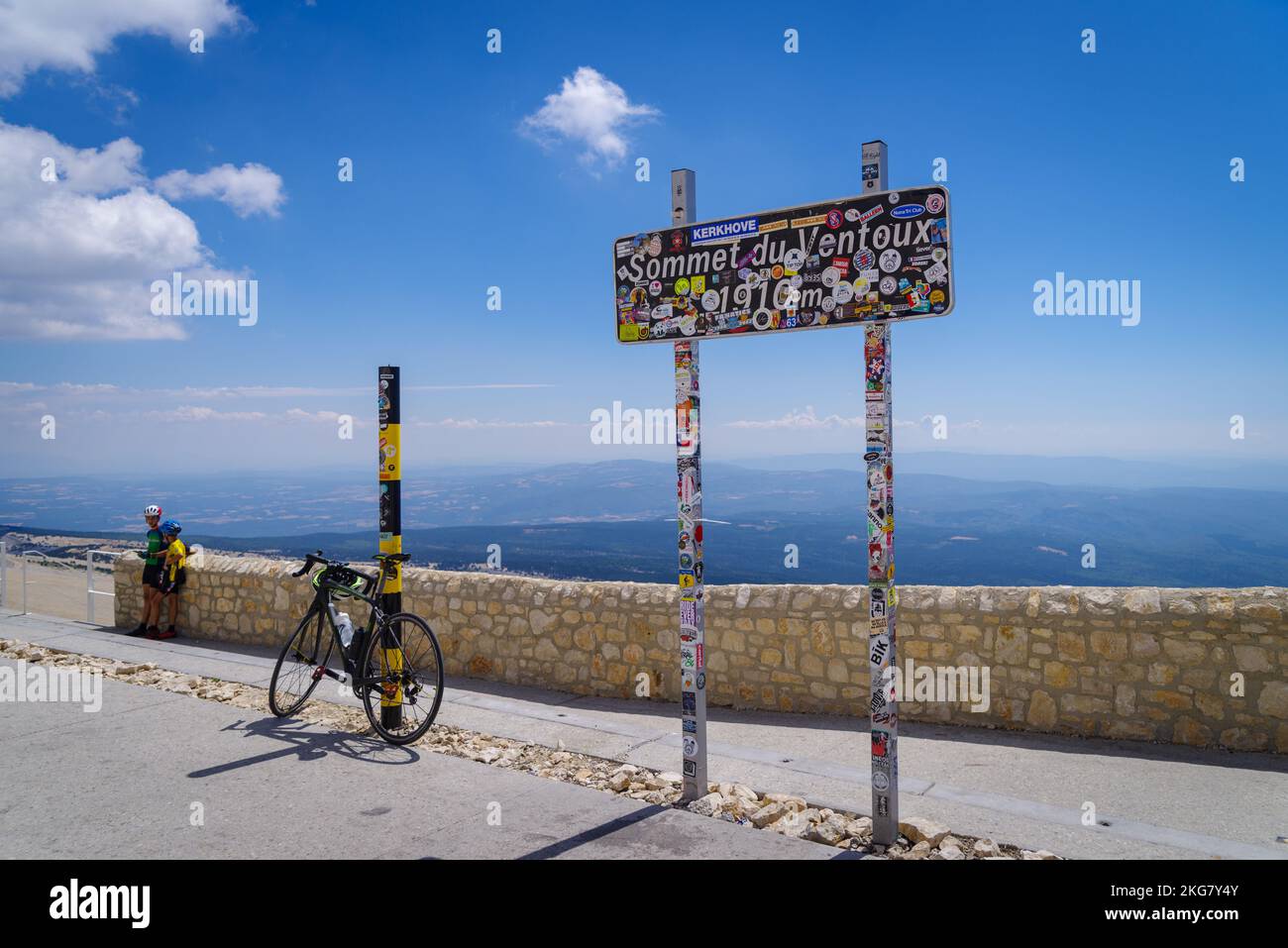 BEDOIN, FRANCE - AUGUST 7, 2022: Top of the Mont Ventoux. At 1,909 m (6,263 ft), it is the highest mountain in the region and has been nicknamed the ' Stock Photo
