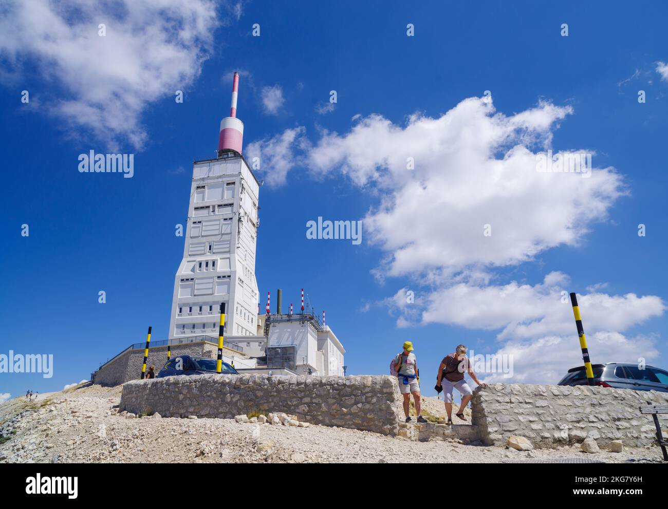 BEDOIN, FRANCE - AUGUST 7, 2022: Telecommunication tower on the top of the Mont Ventoux. It is the highest mountain of Provence region, located in Vau Stock Photo