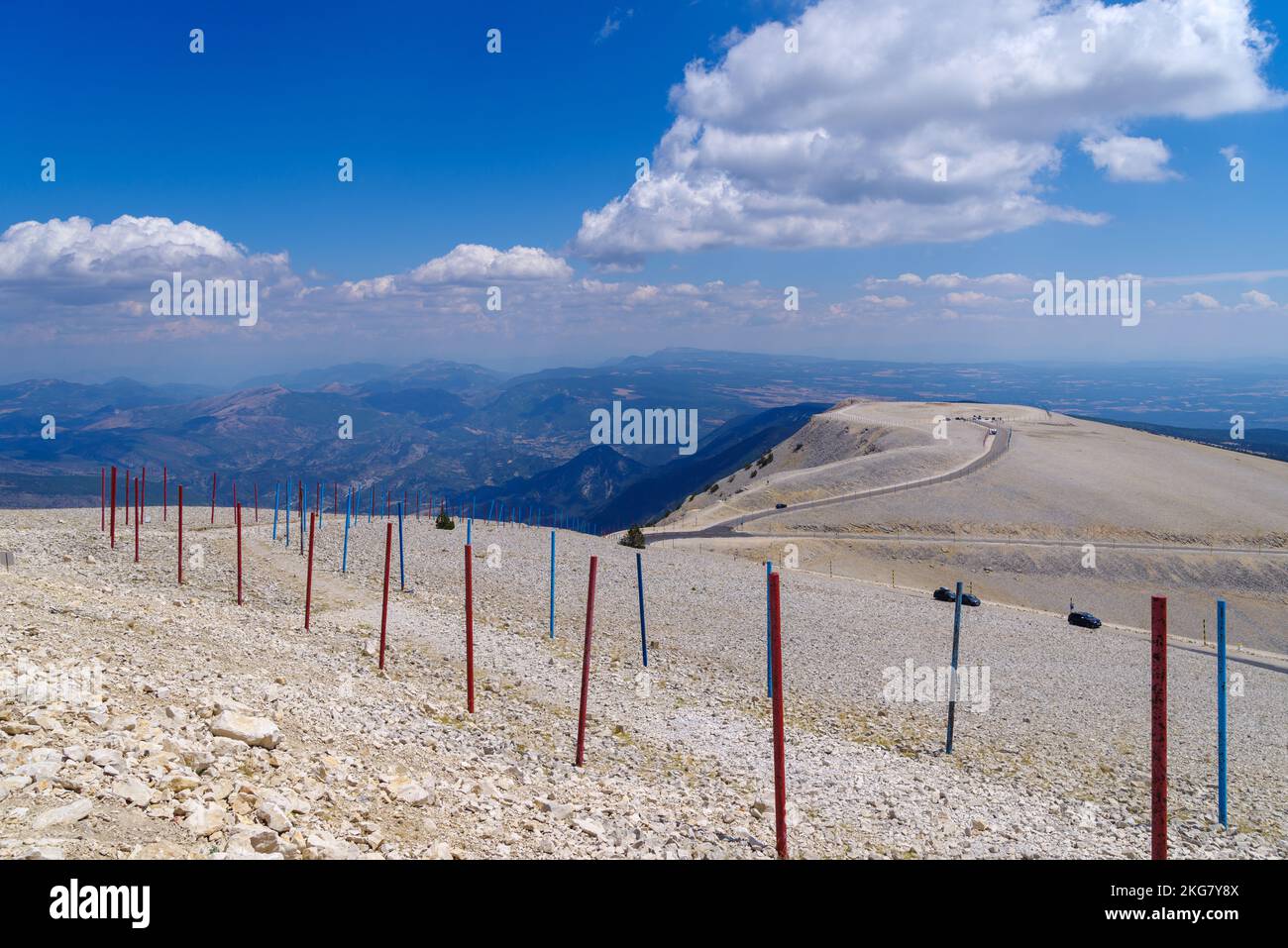 view over south France from Mont Ventoux. At 1,909 m (6,263 ft), it is the highest mountain in the region and has been nicknamed the 'Beast of Provenc Stock Photo