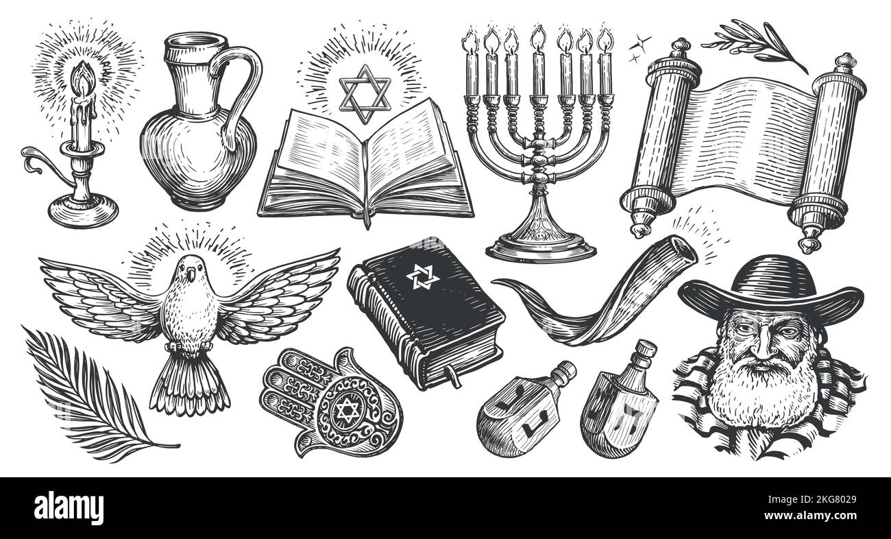Jewish set. Religion concept sketch. Hanukkah symbols with candlestick, star of David, torah, menorah, dreidel Stock Vector