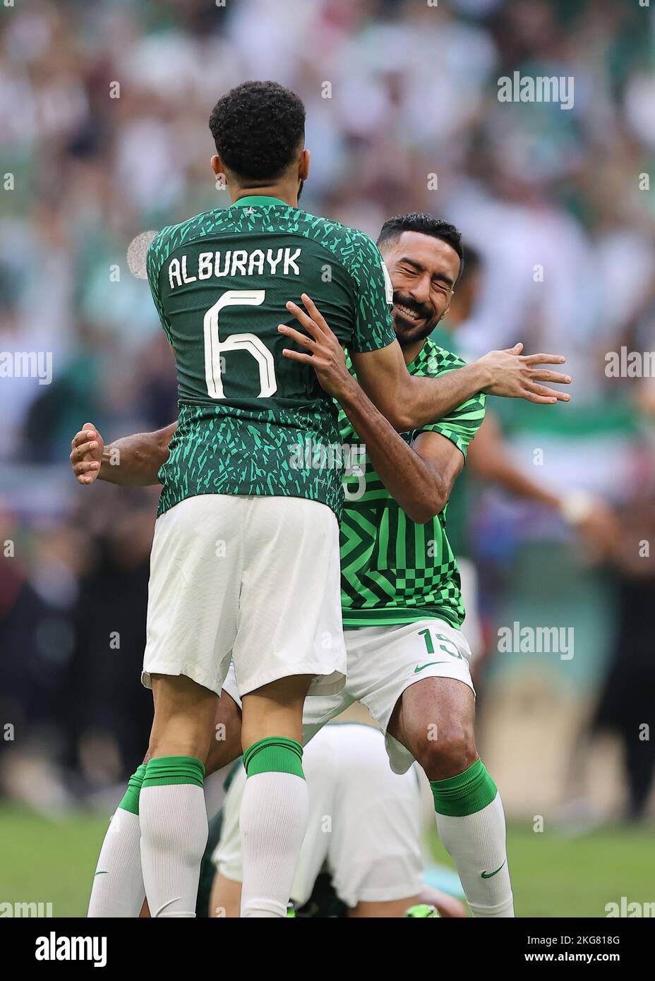 Lusail Iconic Stadium, Lusail, Qatar. 22nd Nov, 2022. FIFA World Cup Football, Argentina versus Saudi Arabia; Mohammed Al-Breik and Ali Al-Hassan of Saudi Arabia celebrate at the final whistle Credit: Action Plus Sports/Alamy Live News Stock Photo