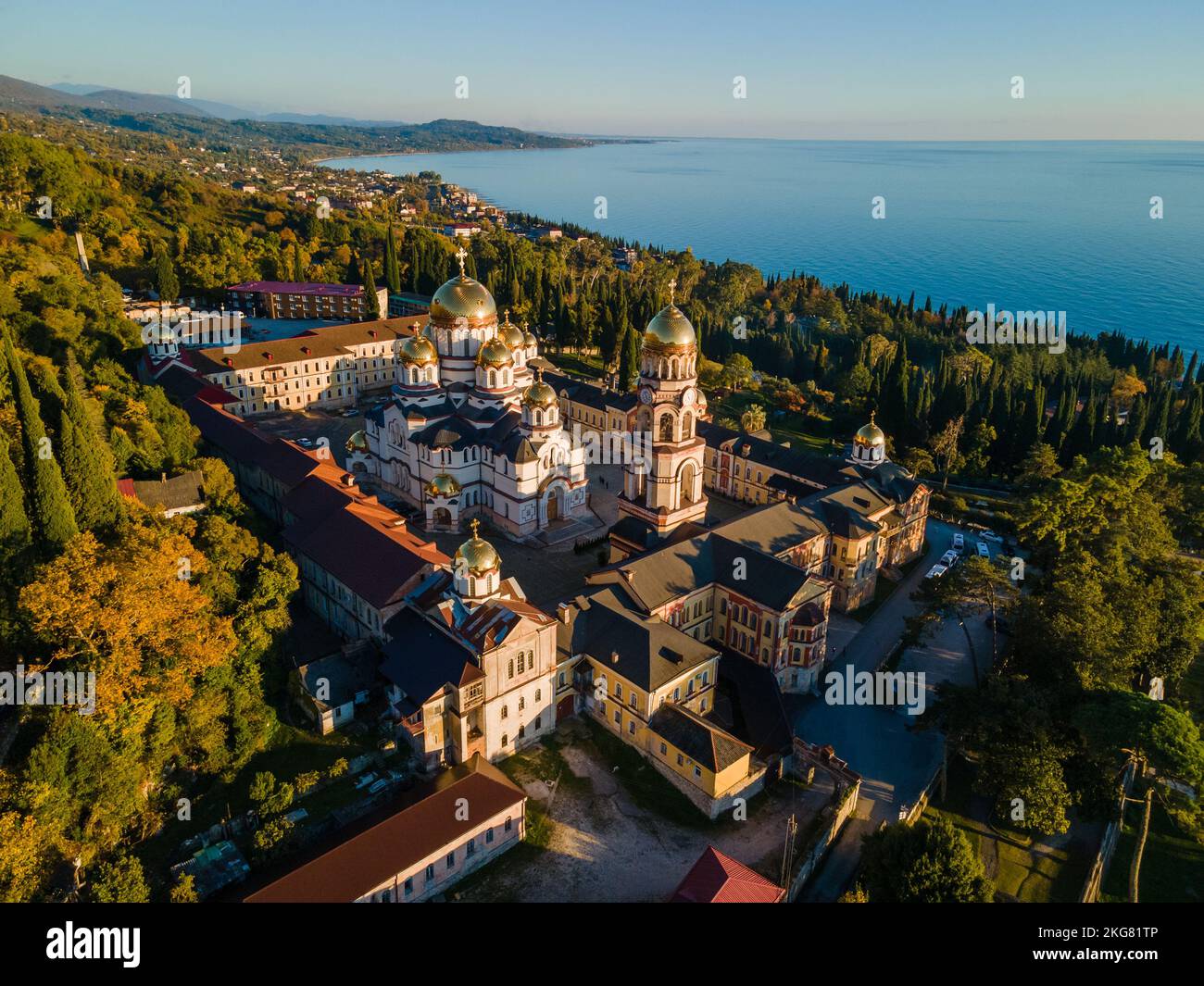 Top view of orthodox monastery in novy afon, abkhazia. christian temple in new athos. photo from above. Stock Photo