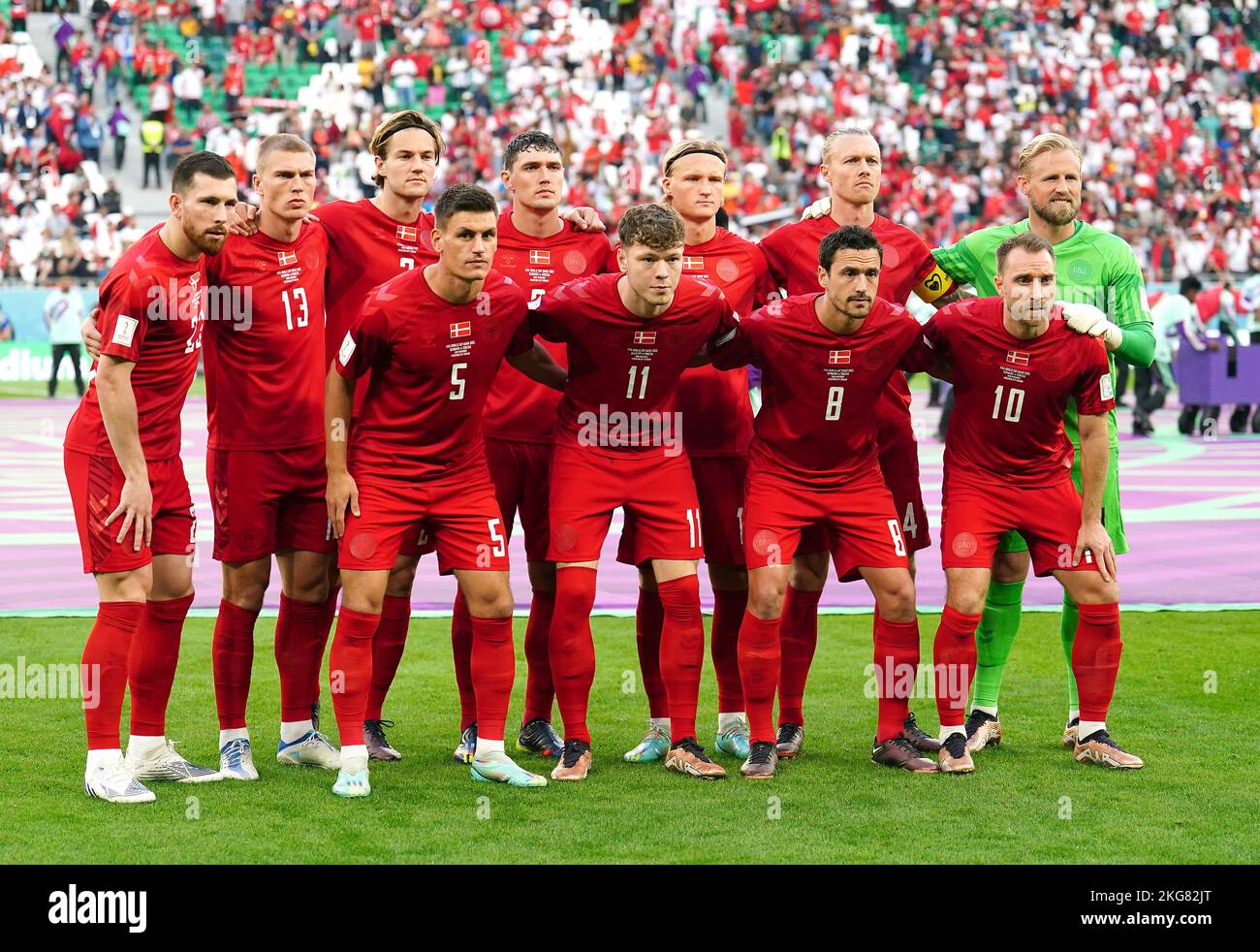 Denmark starting line up pose for a picture during the FIFA World Cup Group D match at Education City Stadium, Al Rayyan, Qatar. Picture date: Tuesday November 22, 2022. Stock Photo