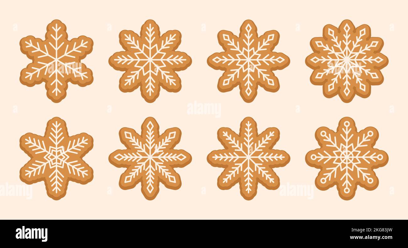 Simple gingerbread snowflake sweet cookies with sugar glazed. Christmas holiday food. Vector illustration Stock Vector