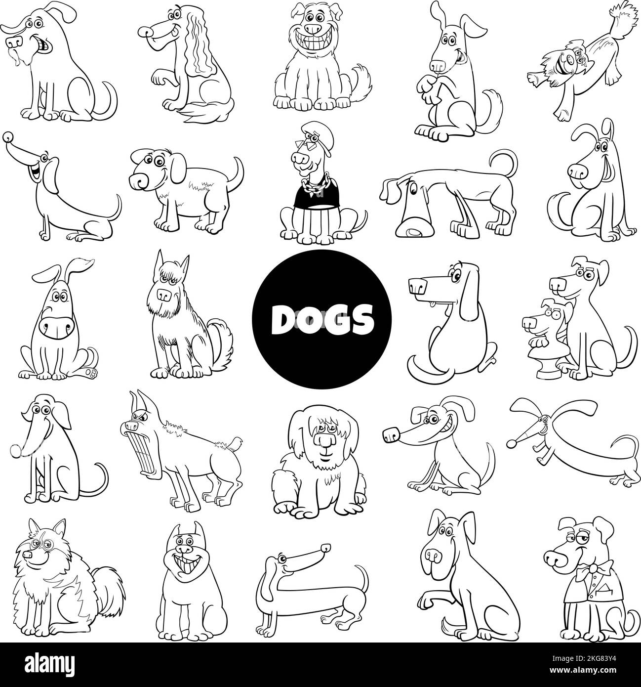 Black and white cartoon illustration of dogs and puppies animal comic characters big set Stock Vector