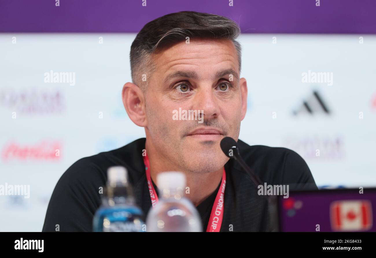 Doha, Qatar. 22nd Nov, 2022. Canada's head coach John Herdman pictured during a press conference of the national soccer team of Canada, at Qatar National Convention Center QNCC, in Doha, State of Qatar, Tuesday 22 November 2022. Canada will be the first adversary of the Belgian Red Devils in group F of the FIFA 2022 World Cup in Qatar. BELGA PHOTO BRUNO FAHY Credit: Belga News Agency/Alamy Live News Stock Photo