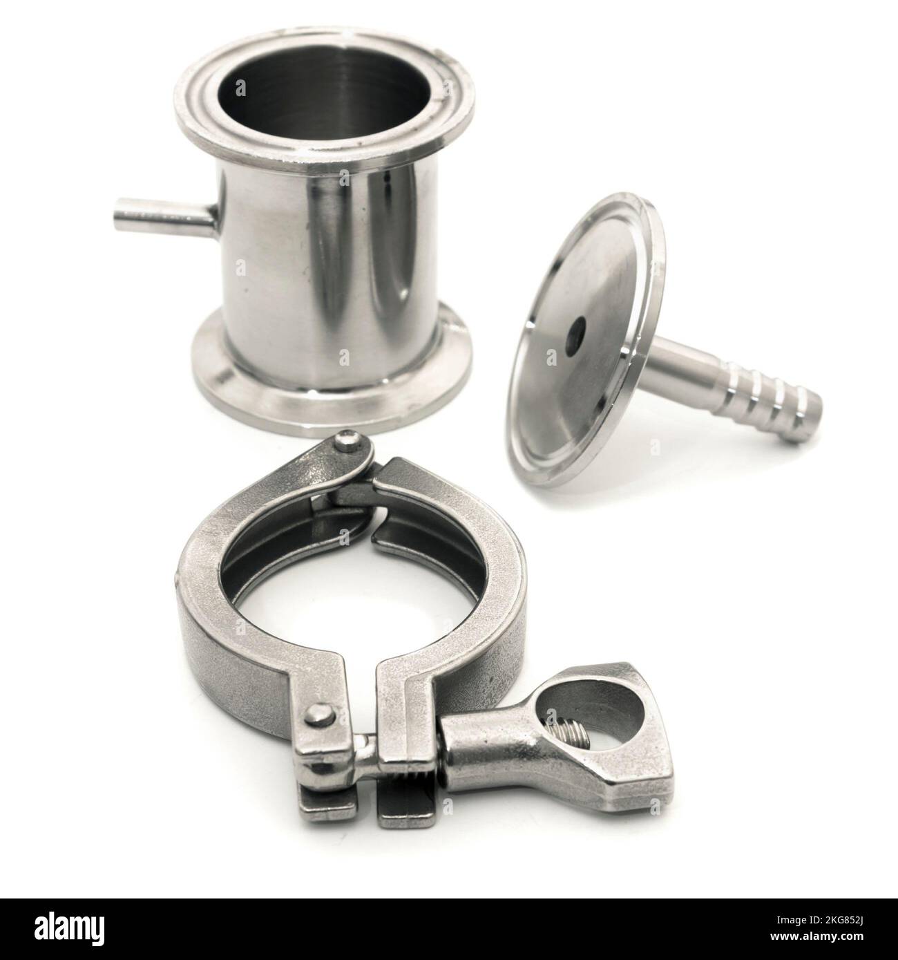 Three parts for assembly of distillation apparatus on white background