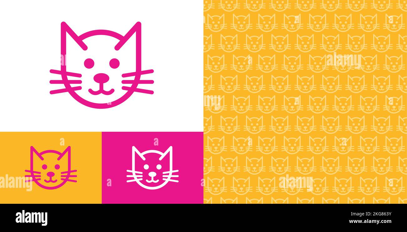 Cute cat logo icon and seamless pattern, perfect for a cat brand, product or business. Stock Vector