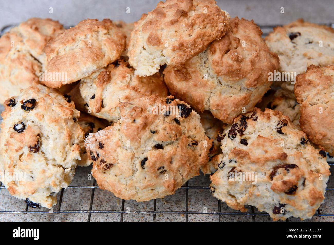 Rock Cakes cooling on wire tray in kitchen Hook Norton Oxfordshire England uk Stock Photo