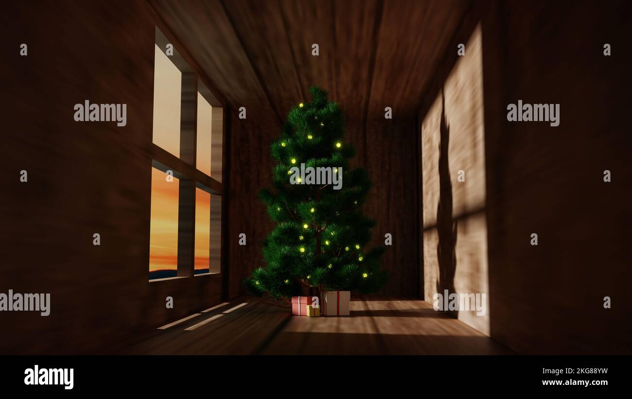 3D Rendering, Christmas tree and gift box in the home Stock Photo - Alamy
