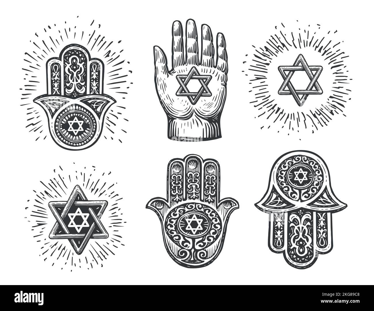 Set traditional Jewish Hamsa amulets, hand of Miriam, hand with six-pointed star of David. Vintage vector illustration Stock Vector