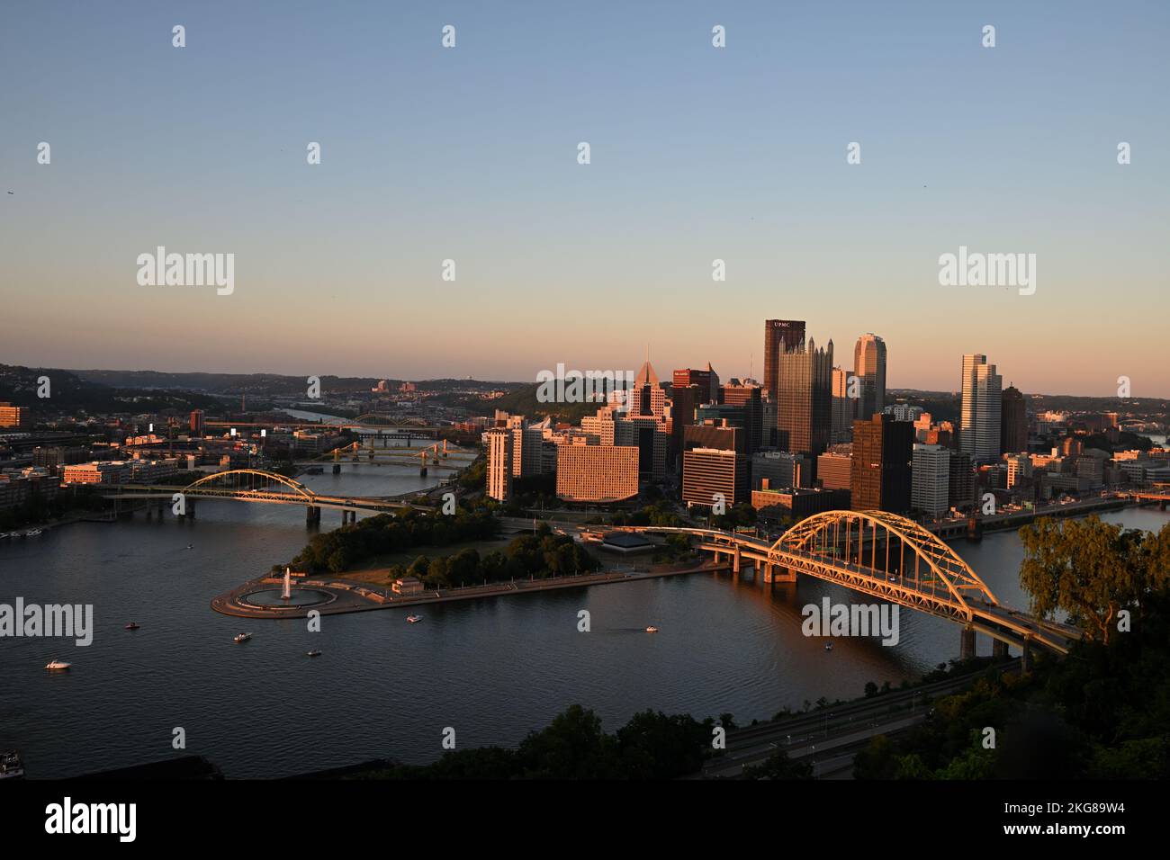 A cityscape of Pittsburgh from the Pittsburgh Skyline Overlook during the sunset in Pennsylvania Stock Photo