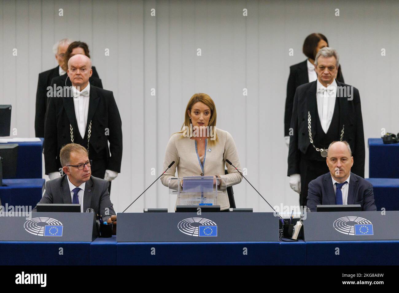 Strasbourg, France. 22nd Nov, 2022. 22 November 2022, France, Straßburg: Roberta Metsola (Partit Nazzjonalista), President of the European Parliament, speaks during the celebration of the 70th anniversary of the European Parliament. The European Parliament celebrates 70 years of living democracy with a ceremony. Photo: Philipp von Ditfurth/dpa Credit: dpa picture alliance/Alamy Live News Stock Photo