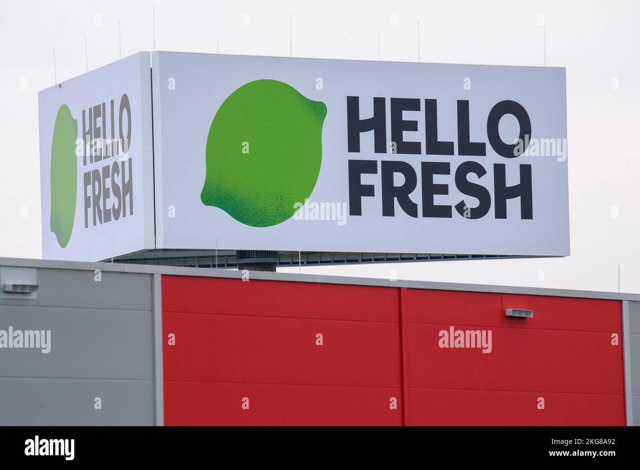22 November 2022, Saxony-Anhalt, Barleben: 'Hello Fresh' is written on a sign above the roof of one of the company's halls. HelloFresh has built a new plant in Barleben. The first cooking box has already rolled off the production line there. Photo: Klaus-Dietmar Gabbert/dpa/ZB Stock Photo