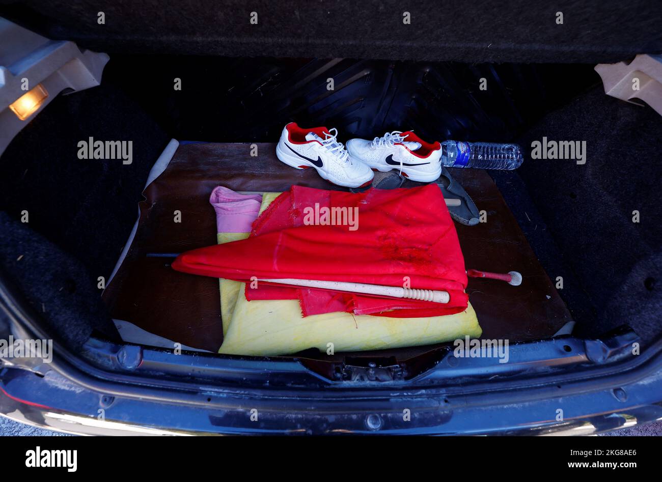 Toreador apprentice's capes are seen in a car trunck before a bullfight show by the Arles bullfighting school at the Monumental de Gimeaux arena?in Arles, France, November 20, 2022.  REUTERS/Eric Gaillard Stock Photo