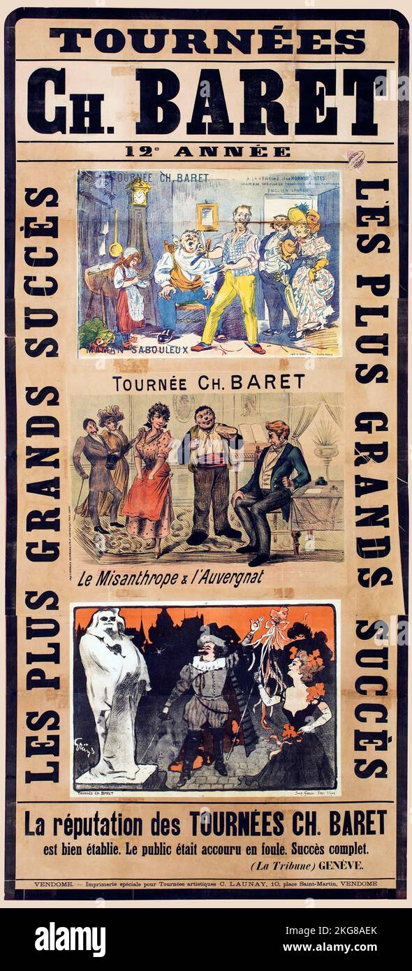 Tours Charles Baret, the greatest successes - 12th year - Maman Sabouleux, The misanthrope and the Auvergnat, Cyrano de Bergerac and the statue of Honore de Balzac by Auguste Rodin - poster - Jules Grün 1908 Stock Photo
