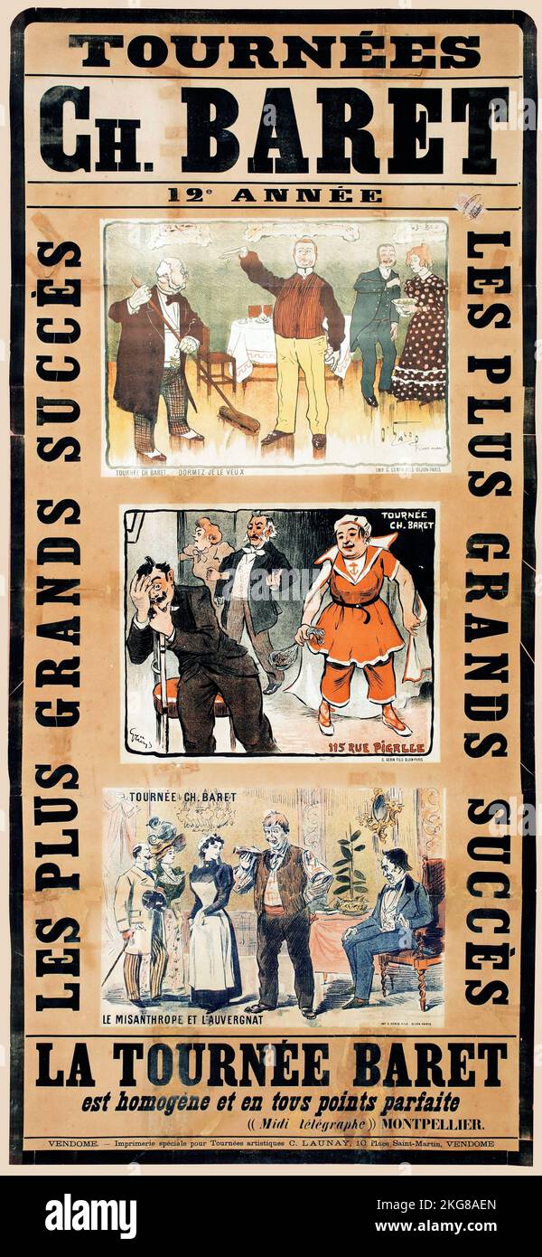 Tours Charles Baret, the greatest successes (12th year) Sleep I want to, 115 rue Pigalle, The misanthrope and the Auvergnat - poster - O'Galop, Jules Grün 1908. Stock Photo