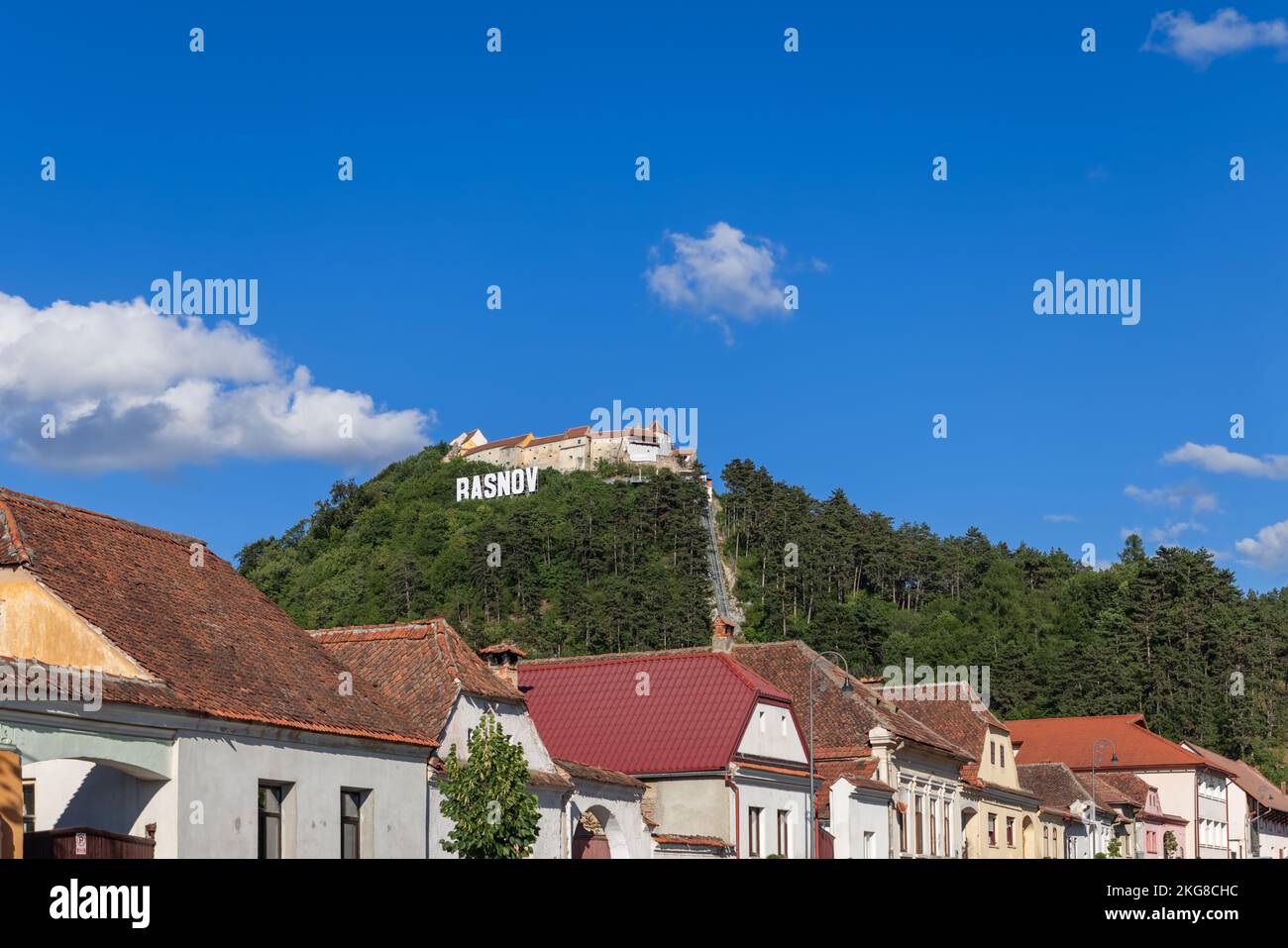 Rasnov fortress was built on forested hill top as part of defence system for Transylvanian villages from Bran pass on their way to Brasov, Romania Stock Photo