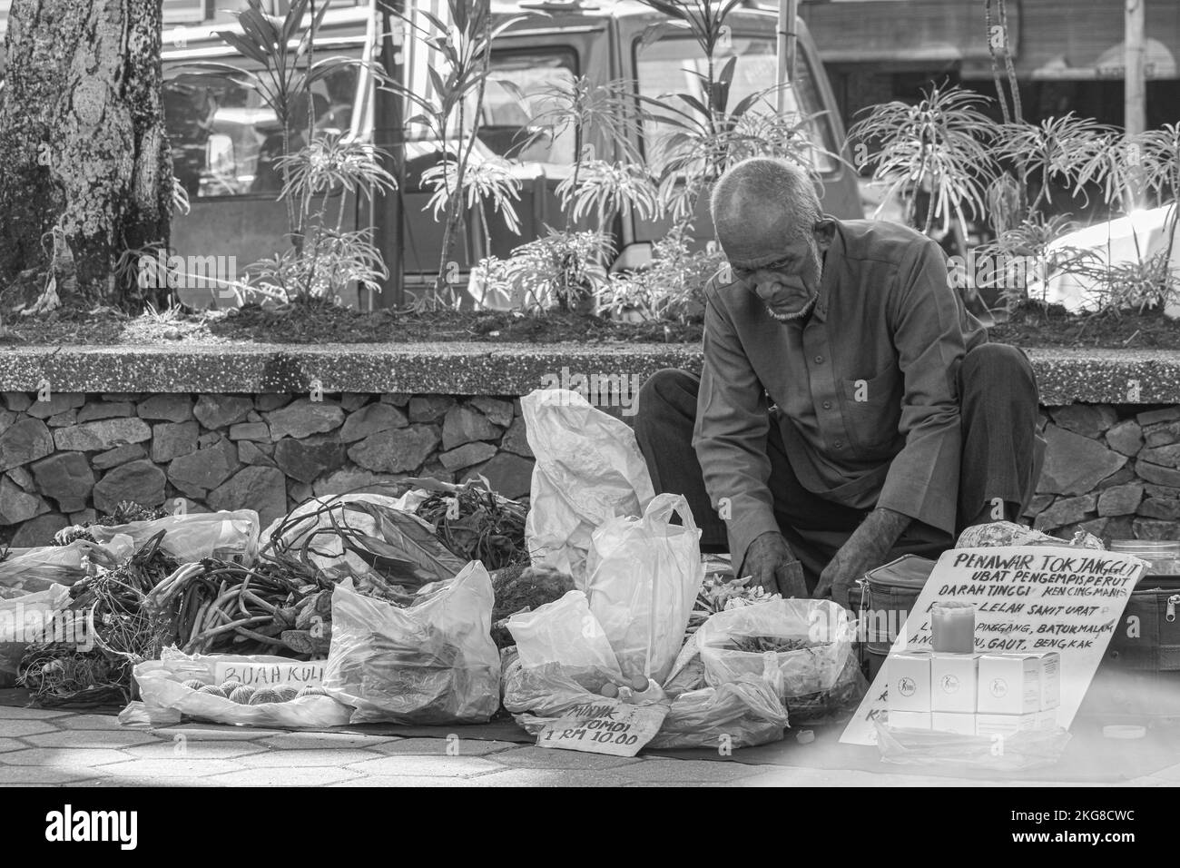 A grayscale shot of a traditional medicine vendor of Taman Kerang in