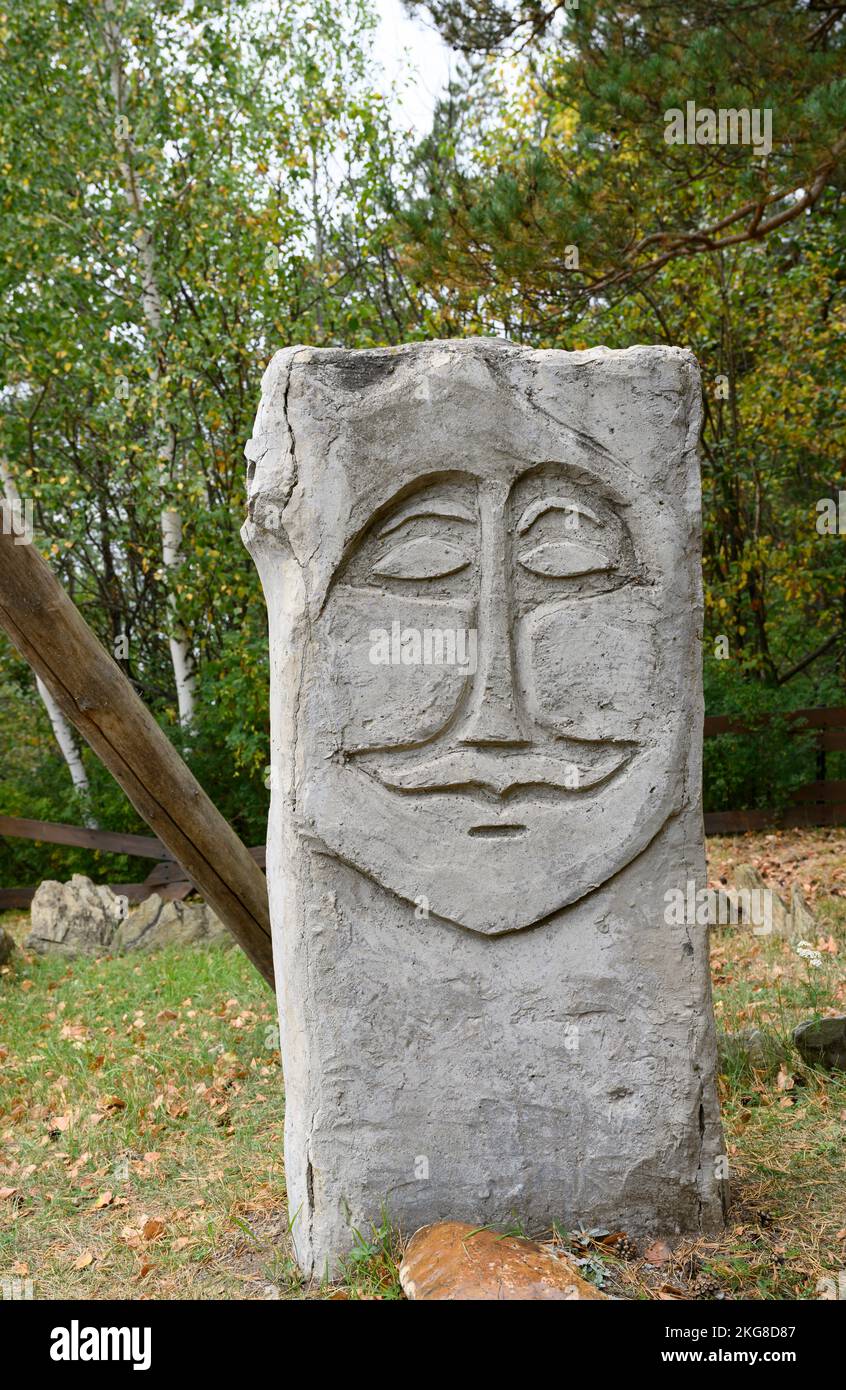 Replica of an ancient Turkic sculpture traditional for Asian culture on the banks of the Tom River in Siberia Stock Photo