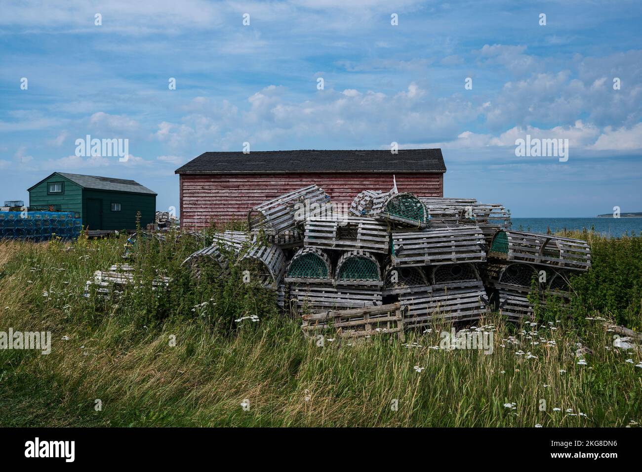 Canada, Labrador, Newfoundland, Old lobster traps by shed in Gros Morne National Park Stock Photo