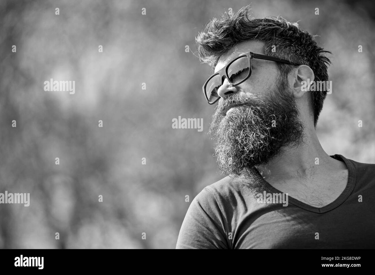 Guy with beard wears sunglasses. Hipster with beard and mustache on strict face, nature background, defocused. Man with beard looks stylish and Stock Photo