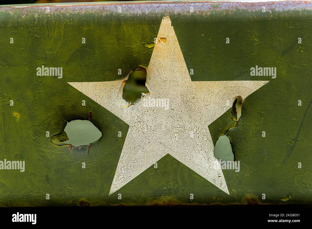 Shrapnel holes in a US Army M107 self-propelled howitzer at the Vietnam Military History Museum, Hanoi, Vietnam Stock Photo