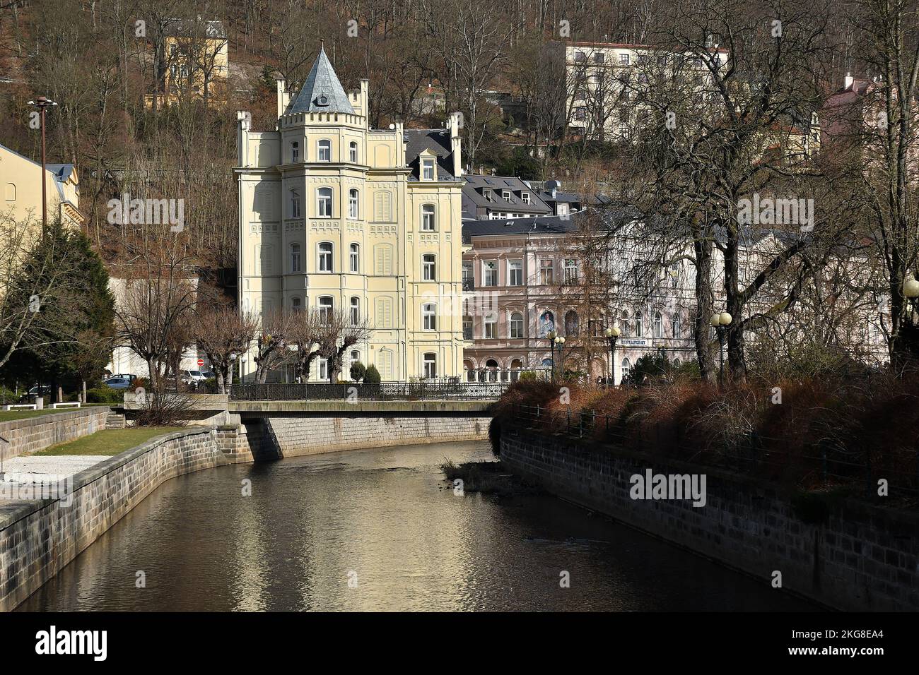 The embankment of the Tepla River with spa houses in the centre of Karlovy Vary.  (CTK Photo/Petr Svancara) Stock Photo