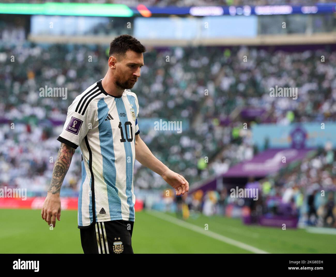 Lusail, Qatar. 22nd Nov, 2022. Lionel Messi of Argentina reacts during the Group C match between Argentina and Saudi Arabia at the 2022 FIFA World Cup at Lusail Stadium in Lusail, Qatar, Nov. 22, 2022. Credit: Cao Can/Xinhua/Alamy Live News Stock Photo