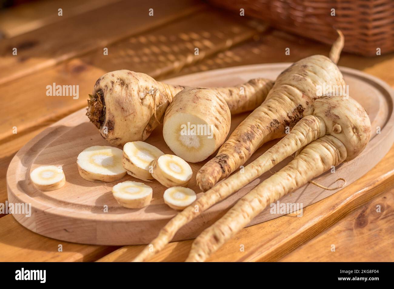 parsnip - sliced parsnip root on a cutting board Stock Photo