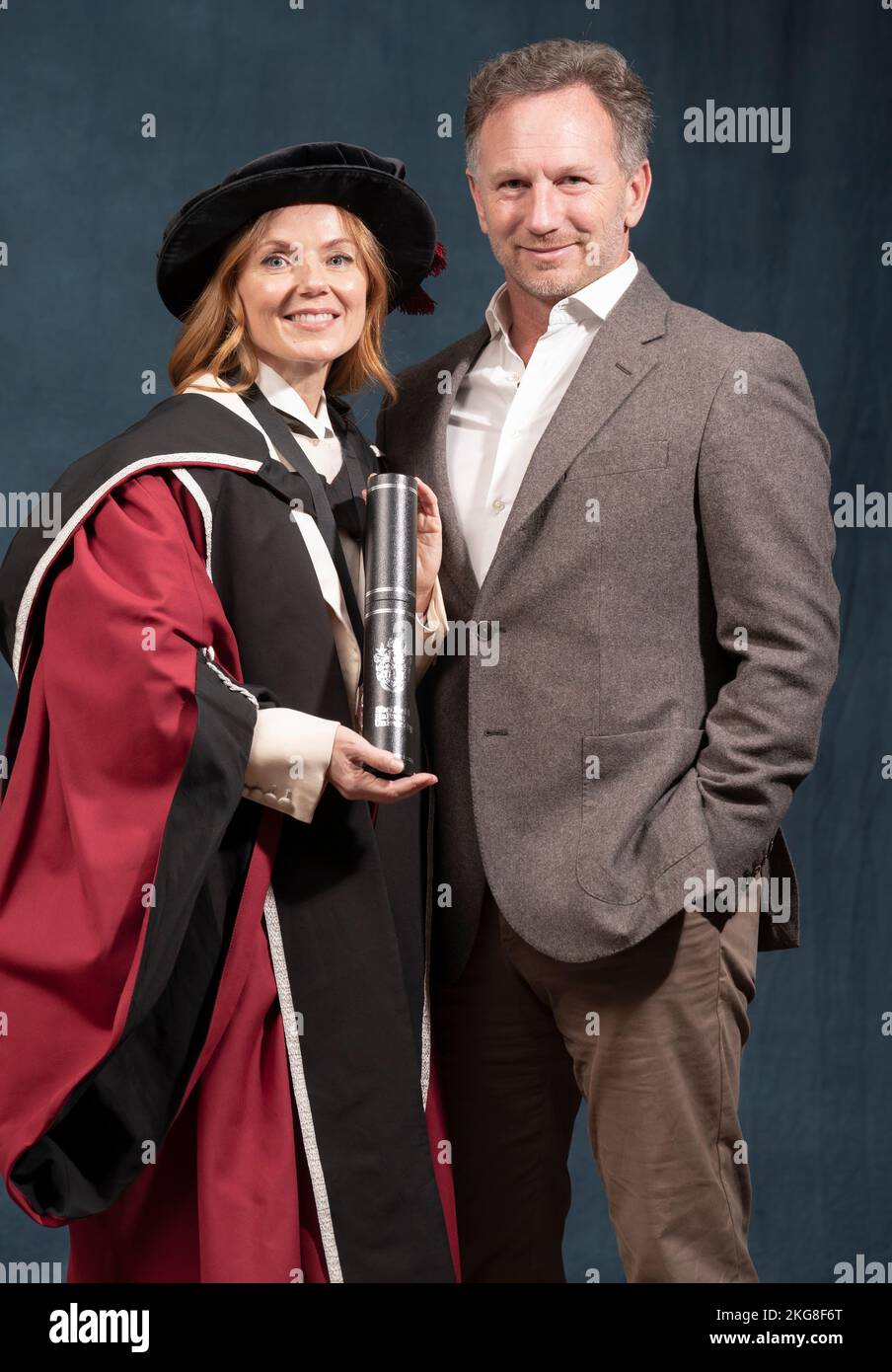 Geri Halliwell-Horner with Christian Horner ahead of receiving her honorary doctorate from Sheffield Hallam University at Ponds Forge International Sports Centre in Sheffield. Picture date: Tuesday November 22, 2022. Stock Photo
