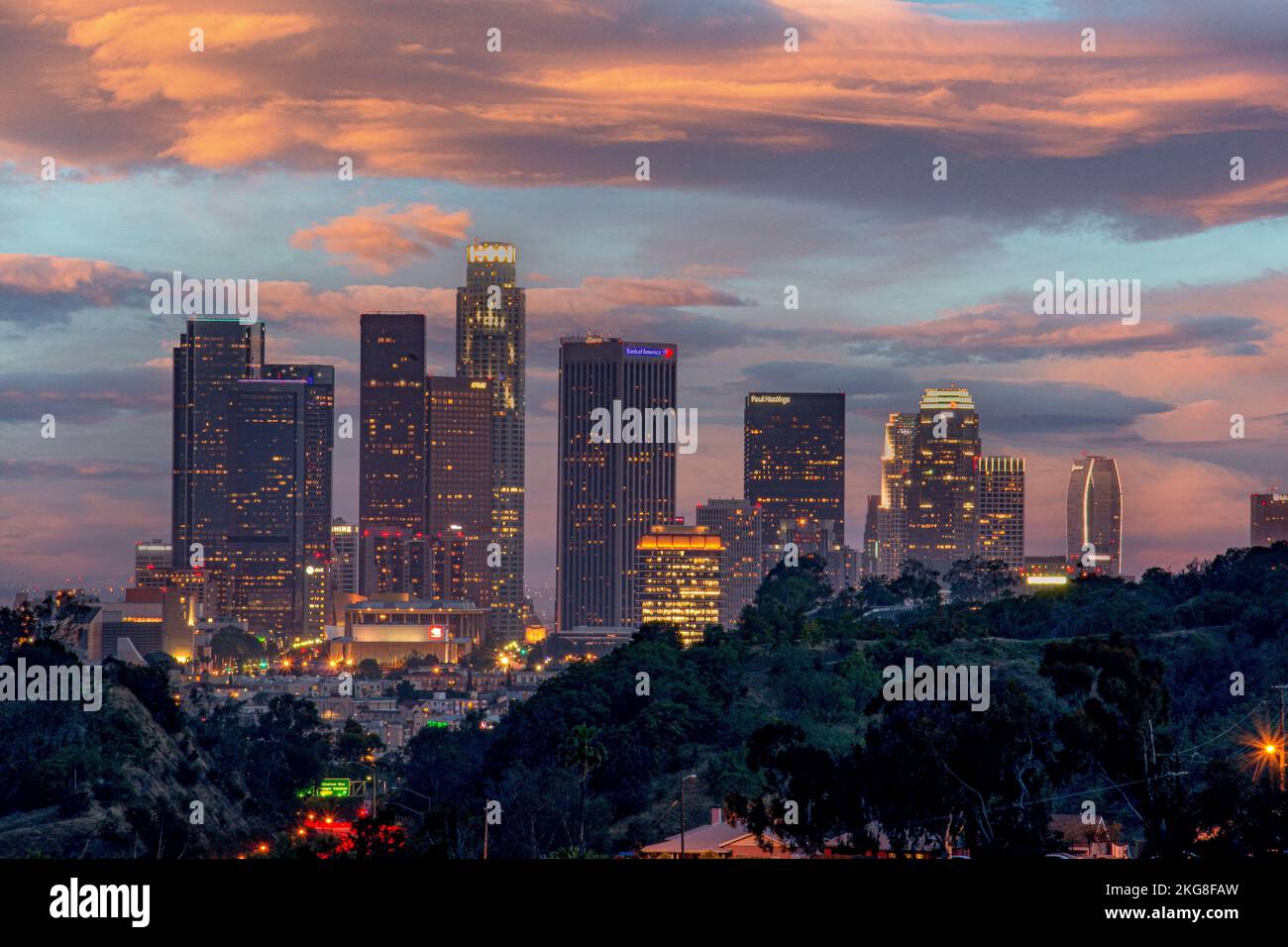 The Los Angeles city lights with a display of its skyscrapers, downtown