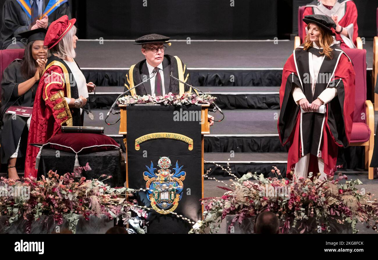 Geri Halliwell-Horner (right) during a ceremony where she received an honorary doctorate from Sheffield Hallam University at Ponds Forge International Sports Centre in Sheffield. Picture date: Tuesday November 22, 2022. Stock Photo