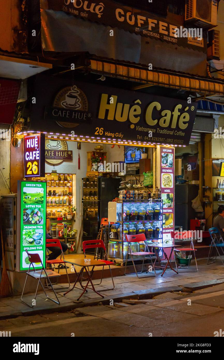 Vietnamese Coffee Shop at night in the Old Quarter, Hanoi Stock Photo