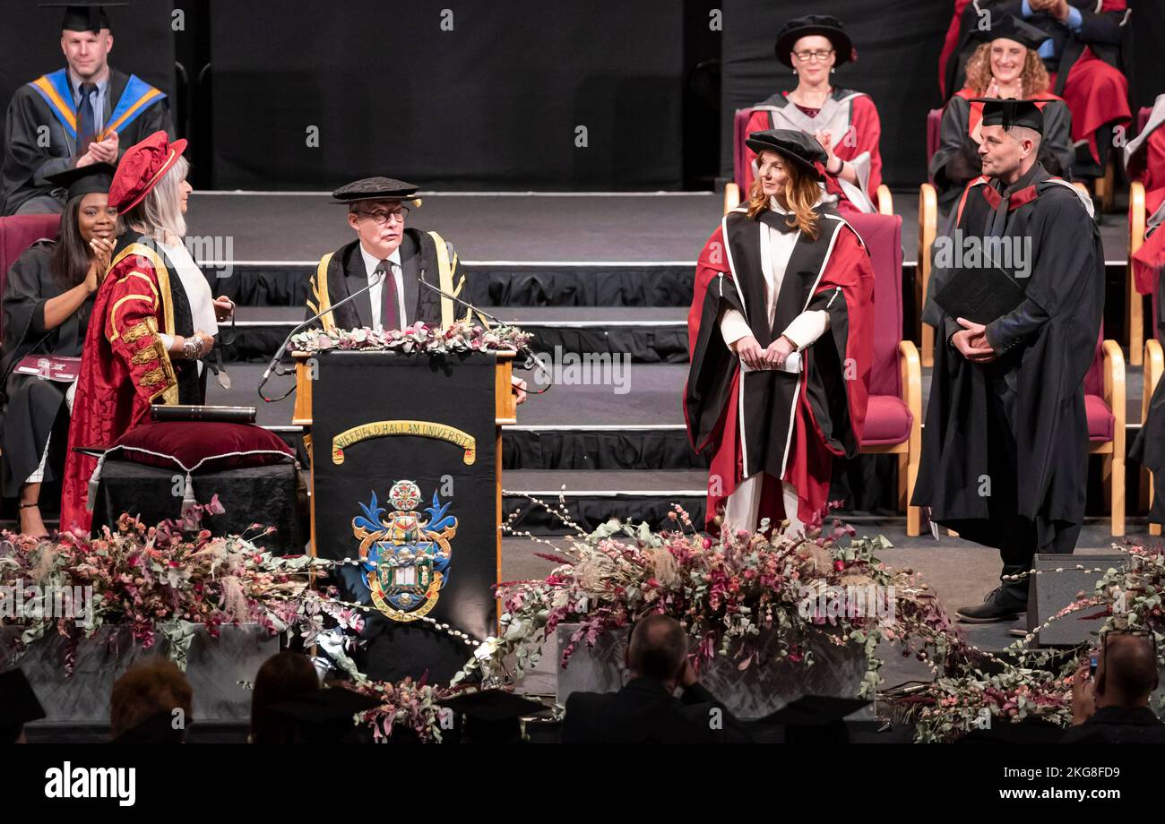 Geri Halliwell-Horner (second right) during a ceremony where she received an honorary doctorate from Sheffield Hallam University at Ponds Forge International Sports Centre in Sheffield. Picture date: Tuesday November 22, 2022. Stock Photo