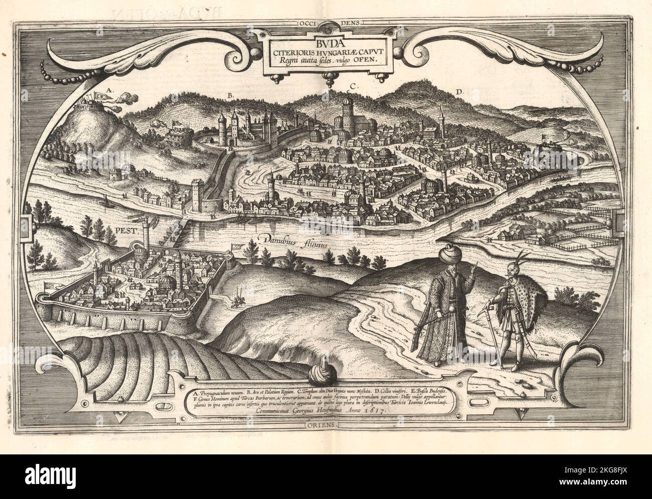 Engraved Cityscape of Buda (Budapest) from the Civitates Orbis Terrarum Published in 1600 by Braun, Georg, 1541-1622; Hogenberg, Franz, 1539-1590; Stock Photo