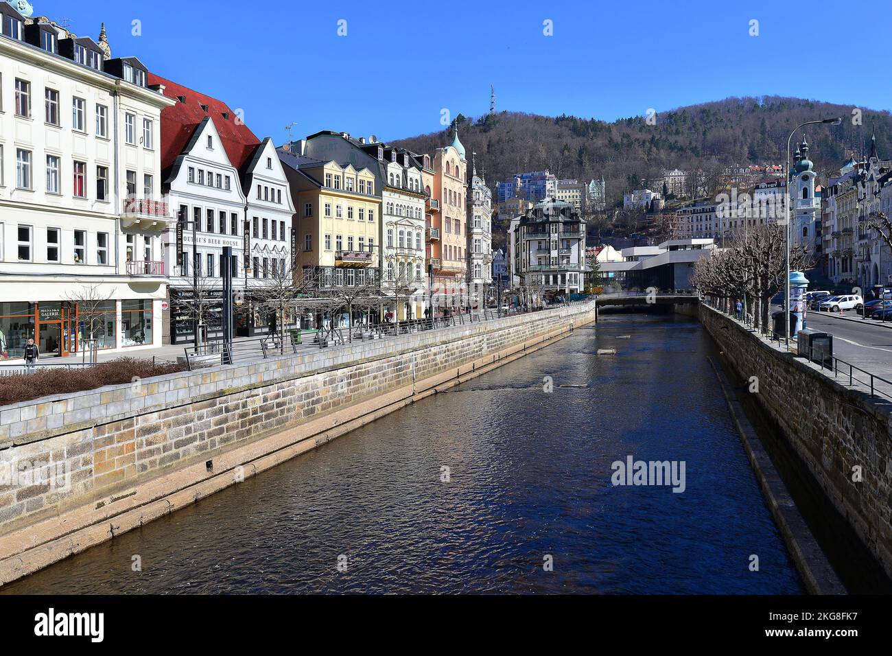 The embankment of the Tepla River with spa houses in the centre of Karlovy Vary.  (CTK Photo/Petr Svancara) Stock Photo