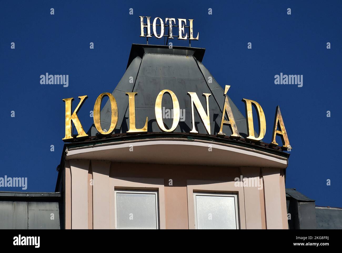 The embankment of the Tepla River with spa houses in the centre of Karlovy Vary. Inscription on the hotel Kolonada.  (CTK Photo/Petr Svancara) Stock Photo